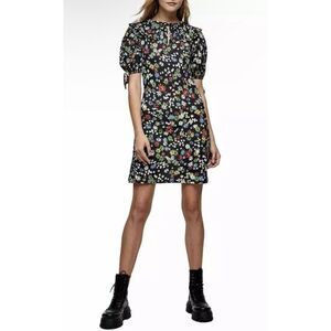 Topshop Collared Tie Puff Micro Floral Mini Dress Black Skater Keyhole Retro EUC